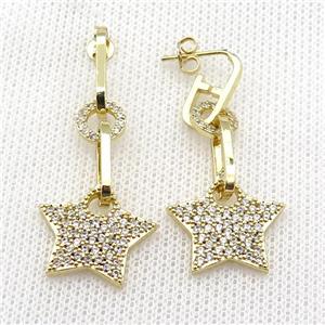 copper Stud Earring pave zircon star gold plated, approx 8mm, 18mm, 6-14mm [FN30377]