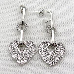 copper Stud Earring pave zircon heart platinum plated, approx 8mm, 18mm, 6-14mm [FN30378]