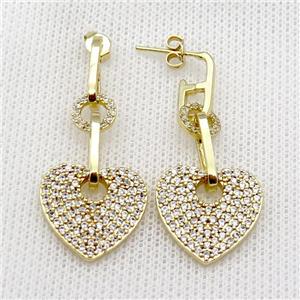 copper Stud Earring pave zircon heart gold plated, approx 8mm, 18mm, 6-14mm [FN30379]