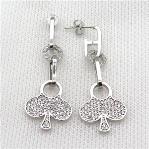 copper Stud Earring pave zircon clover platinum plated, approx 8mm, 17mm, 6-14mm [FN30380]
