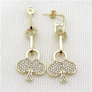 copper Stud Earring pave zircon flower gold plated, approx 8mm, 17mm, 6-14mm [FN30381]