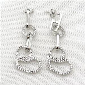 copper Stud Earring pave zircon heart platinum plated, approx 10mm, 15-21mm, 6-14mm [FN30382]