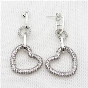 copper Stud Earring pave zircon heart platinum plated, approx 10mm, 23mm, 6-14mm [FN30384]