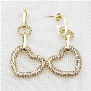 copper Stud Earring pave zircon heart gold plated, approx 10mm, 23mm, 6-14mm [FN30385]