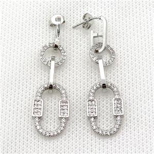 copper Stud Earring pave zircon oval platinum plated, approx 10mm, 13-20mm, 6-14mm [FN30386]
