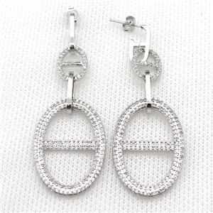 copper Stud Earring pave zircon oval platinum plated, approx 10-13mm, 22-32mm, 6-14mm [FN30396]