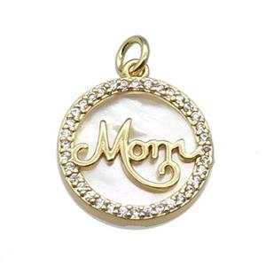 copper circle MOM pendant pave zircon shell gold plated, approx 16mm dia [FN30398]