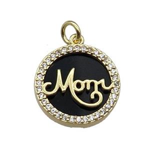 copper circle MOM pendant pave zircon black stone gold plated, approx 16mm dia [FN30399]