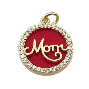 copper circle MOM pendant pave zircon red stone gold plated, approx 16mm dia [FN30400]