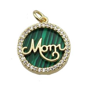 copper circle MOM pendant pave zircon malachite gold plated, approx 16mm dia [FN30401]