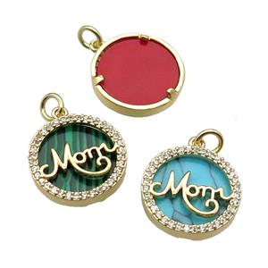 mix copper circle MOM pendant pave zircon gemstone gold plated, approx 16mm dia [FN30403]