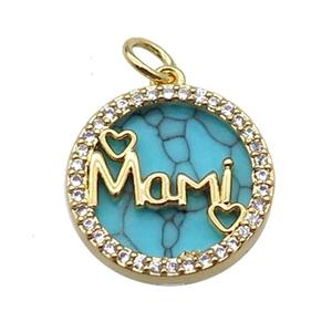 copper circle Mami pendant pave zircon turquoise gold plated, approx 16mm dia [FN30407]