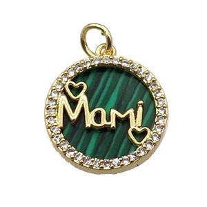 copper circle Mami pendant pave zircon malachite gold plated, approx 16mm dia [FN30408]