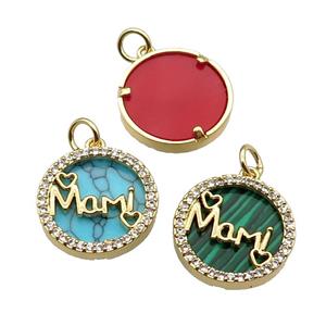 mix copper circle Mami pendant pave zircon gemstone gold plated, approx 16mm dia [FN30409]