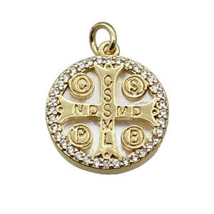 copper circle cross pendant pave zircon shell Saint Benedict gold plated, approx 16mm dia [FN30410]