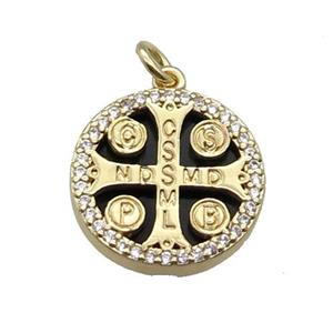 copper circle cross pendant pave zircon black stone Saint Benedict gold plated, approx 16mm dia [FN30411]