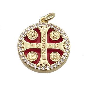 copper circle cross pendant pave zircon red stone Saint Benedict gold plated, approx 16mm dia [FN30412]