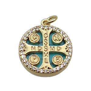 copper circle cross pendant pave zircon turquoise Saint Benedict gold plated, approx 16mm dia [FN30414]