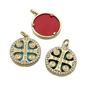 mix copper circle cross pendant pave zircon gemstone Saint Benedict gold plated, approx 16mm dia [FN30415]