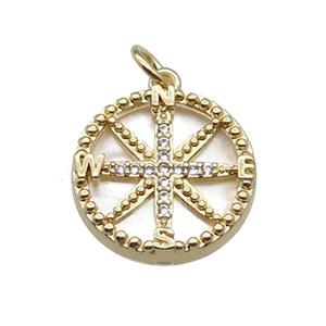 copper Compass pendant pave zircon shell gold plated, approx 16mm dia [FN30416]