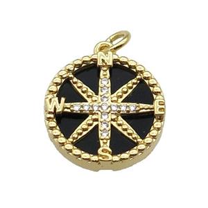 copper Compass pendant pave zircon black stone gold plated, approx 16mm dia [FN30417]