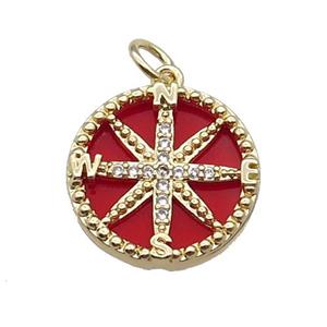 copper Compass pendant pave zircon red stone gold plated, approx 16mm dia [FN30418]