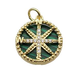 copper Compass pendant pave zircon malachite gold plated, approx 16mm dia [FN30419]