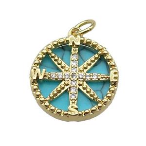 copper Compass pendant pave zircon turquoise gold plated, approx 16mm dia [FN30420]