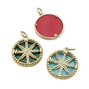 mix copper Compass pendant pave zircon gemstone gold plated, approx 16mm dia [FN30421]