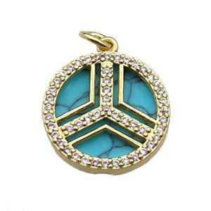 copper circle pendant pave zircon turquoise gold plated, approx 16mm dia [FN30425]