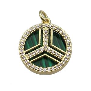 copper circle pendant pave zircon malachite gold plated, approx 16mm dia [FN30426]