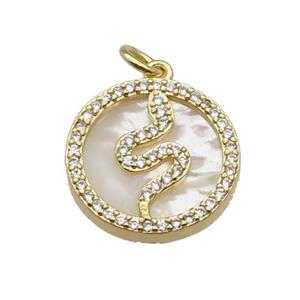 copper circle snake pendant pave zircon shell gold plated, approx 16mm dia [FN30428]