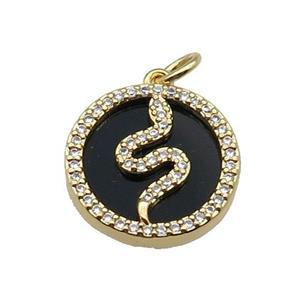 copper circle snake pendant pave zircon black stone gold plated, approx 16mm dia [FN30429]
