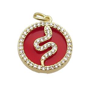 copper circle snake pendant pave zircon red stone gold plated, approx 16mm dia [FN30430]