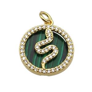copper circle snake pendant pave zircon malachite gold plated, approx 16mm dia [FN30431]