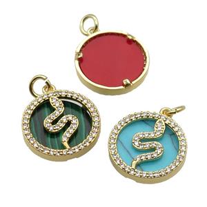 mix copper circle snake pendant pave zircon gemstone gold plated, approx 16mm dia [FN30433]