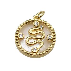 copper circle snake pendant pave zircon shell gold plated, approx 16mm dia [FN30434]