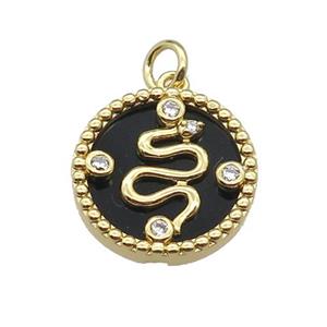 copper circle snake pendant pave zircon black stone gold plated, approx 16mm dia [FN30435]