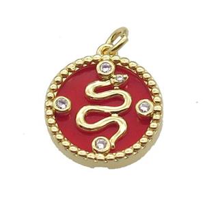 copper circle snake pendant pave zircon red stone gold plated, approx 16mm dia [FN30436]