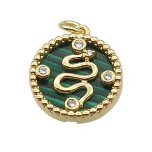 copper circle snake pendant pave zircon malachite gold plated, approx 16mm dia [FN30437]