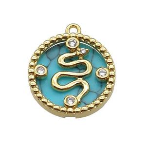 copper circle snake pendant pave zircon turquoise gold plated, approx 16mm dia [FN30438]