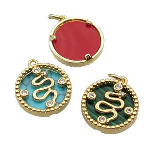 mix copper circle snake pendant pave zircon gemstone gold plated, approx 16mm dia [FN30439]