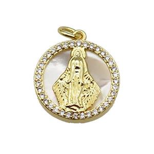 copper circle pendant pave zircon shell Virgin Mary gold plated, approx 16mm dia [FN30440]