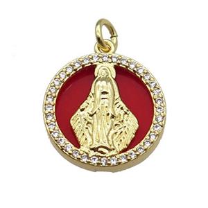 copper circle pendant pave zircon red stone Virgin Mary gold plated, approx 16mm dia [FN30442]