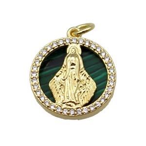 copper circle pendant pave zircon malachite Virgin Mary gold plated, approx 16mm dia [FN30443]