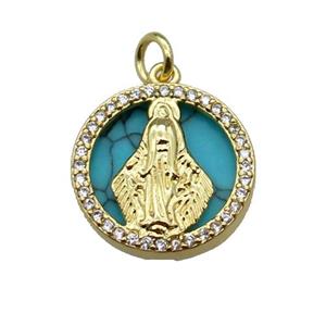 copper circle pendant pave zircon turquoise Virgin Mary gold plated, approx 16mm dia [FN30444]