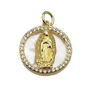 copper circle pendant pave zircon shell Jesus gold plated, approx 16mm dia [FN30446]