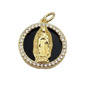 copper circle pendant pave zircon black stone Jesus gold plated, approx 16mm dia [FN30447]