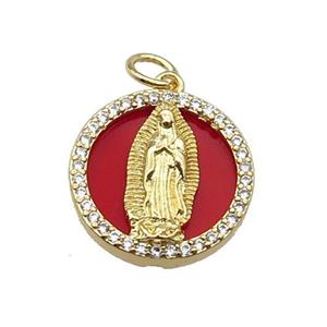 copper circle pendant pave zircon red stone Jesus gold plated, approx 16mm dia [FN30448]