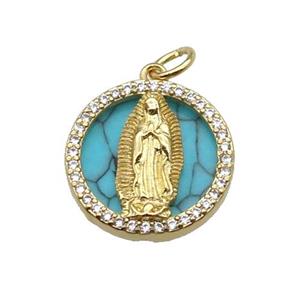 copper circle pendant pave zircon turquoise Jesus gold plated, approx 16mm dia [FN30449]